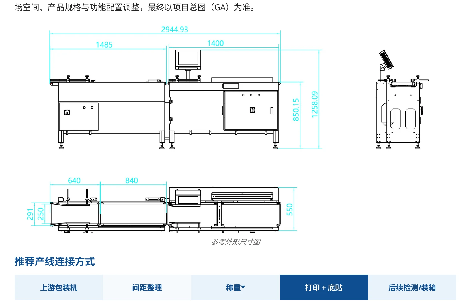 纽才纳底部打印贴标机与动态称重组合产线布局图